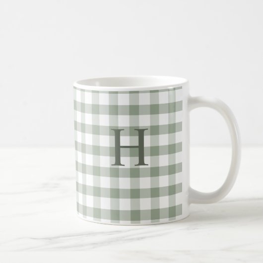 Aangepast Sage Olijfgroen Gingham Modern Monogram Koffiemok (Rechts)