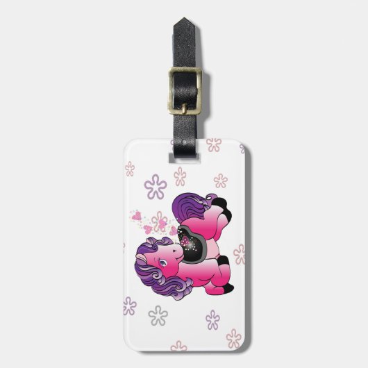 Aangepast schattig roze pony met hart bagagelabel (Voorkant verticaal)