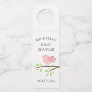 Aangepast schattig roze vogel baby shower feest flessenhanger