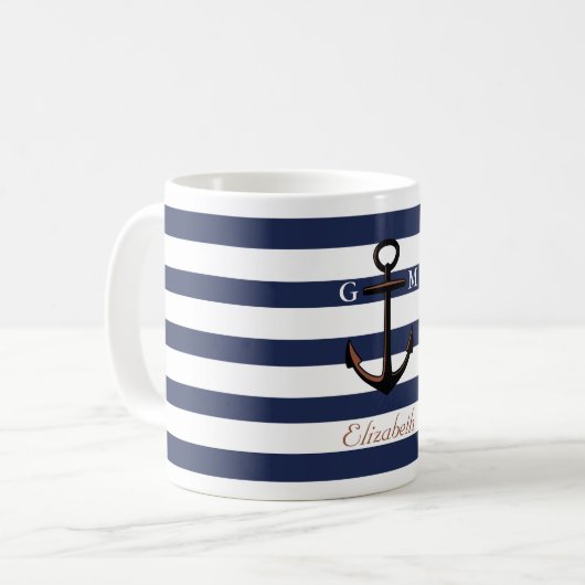 Aangepast scheepsschip Blue Nautical Brass Anchor Koffiemok (Voorkant links)