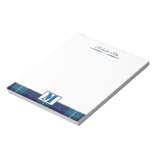 Aangepast script Celadon Blue Pset Tartan Monogram Notitieblok (Linkerzijde)
