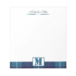 Aangepast script Celadon Blue Pset Tartan Monogram Notitieblok