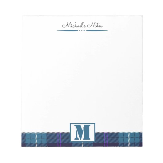 Aangepast script Celadon Blue Pset Tartan Monogram Notitieblok (Voorkant)