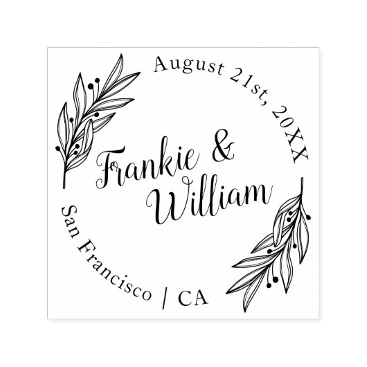 Aangepast script en elegante bladeren | Rondbruilo Zelfinktende Stempel (Design)