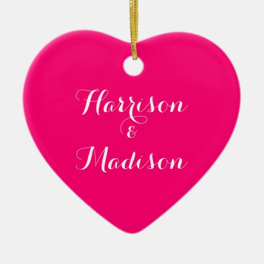 Aangepast script hete roze Couple's Name Wedding Keramisch Ornament (Voorkant)