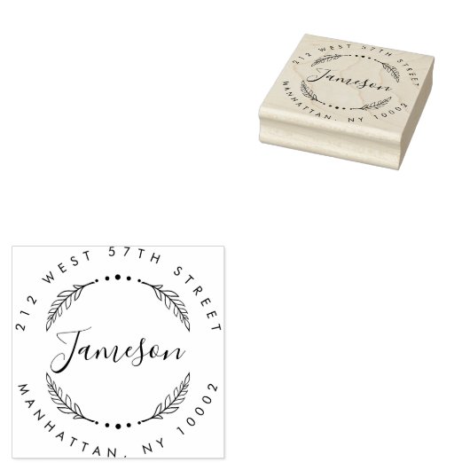Aangepast script & krans Achternaam Retouradres Rubberstempel (Gestempeld)