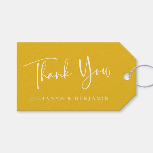 Aangepast script Modern Yellow Weddenschap Bedankt Cadeaulabel (Voorkant (Horizontaal))