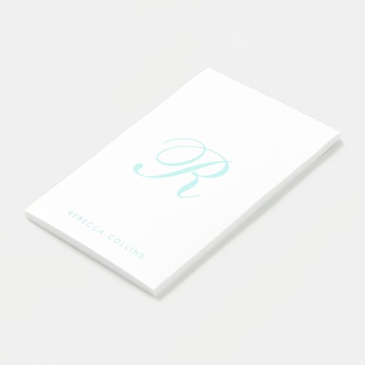 Aangepast script-monogram & naam, licht turquoise post-it® notes (Schuin)
