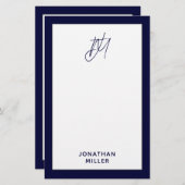 Aangepast script monogram Navy Blue Briefpapier (Voorkant / Achterkant)