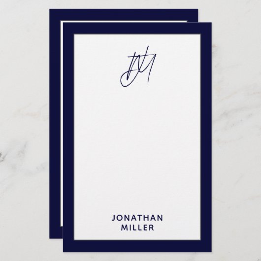 Aangepast script monogram Navy Blue Briefpapier (Voorkant / Achterkant)