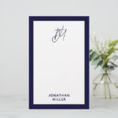 Aangepast script monogram Navy Blue Briefpapier (Staand voorkant)