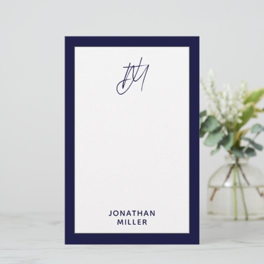Aangepast script monogram Navy Blue Briefpapier (Staand voorkant)