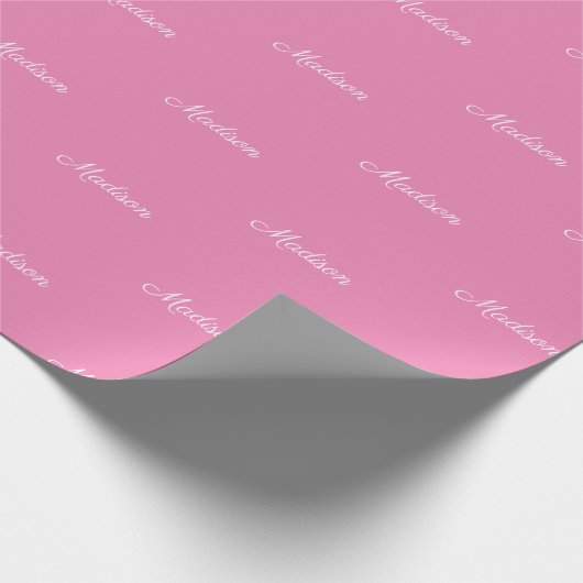 Aangepast script Naam Tekst roze wit chic Cadeaupapier (Hoek)