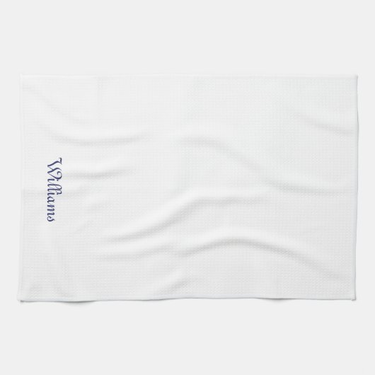 Aangepast script navy blauwe naam monogram wit theedoek (Horizontaal)