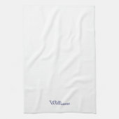 Aangepast script navy blauwe naam monogram wit theedoek (Verticaal)