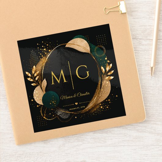 Aangepast script op luxe zwart gouden abstract kad sticker (Notitieboek)