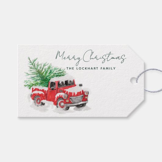 Aangepast Script Rode Vrachtwagen Kerstvakantie Cadeaulabel (Voorkant (Horizontaal))