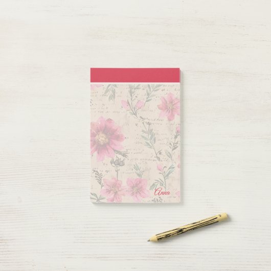 Aangepast script romantische  bloemenachtergrond post-it® notes (Op bureau)