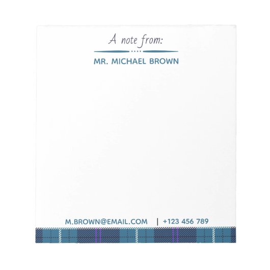 Aangepast script voor naam E-mail Tel Pset Tartan Notitieblok (Voorkant)