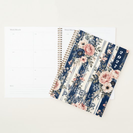 Aangepast script waterverf navy bloem streeppatroo planner (Display)