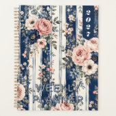 Aangepast script waterverf navy bloem streeppatroo planner (Voorkant)