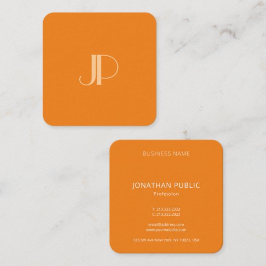 Aangepast Sinaasappel Modern Elegant Monogram Init Vierkante Visitekaartje (Voorkant / Achterkant)