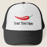 Aangepast spikkerrode Spaanse peper die de drager  Trucker Pet<br><div class="desc">Aangepast spicyte rode Spaanse peper trucker hoed. Spicy food design met  typografische sjabloon. Voeg uw eigen naam,  monogram of grappige prijsopgave/gezegde toe. Een persoonlijk cadeauidee voor mannen en vrouwen. Zwart-wit pet. Fun voor speci food etendstrijd.</div>