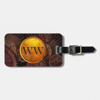 Aangepast Steampunk-tandwieltje en goudluxemMonogr Bagagelabel