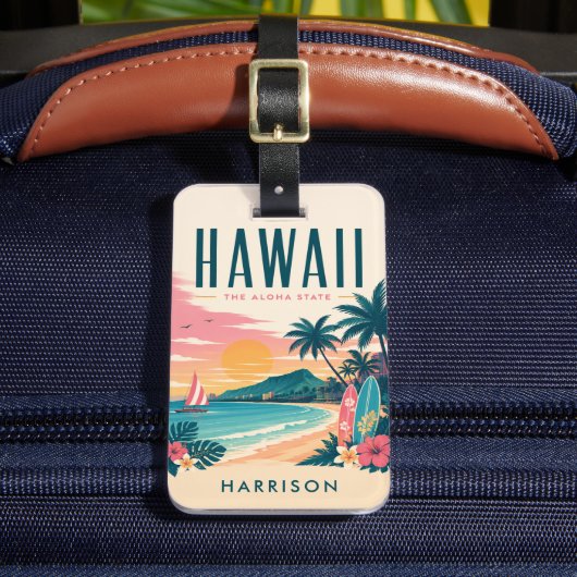 Aangepast strand nostalgie VS Hawaïi Honolulu surf Bagagelabel (Voorkant Insitu 2)