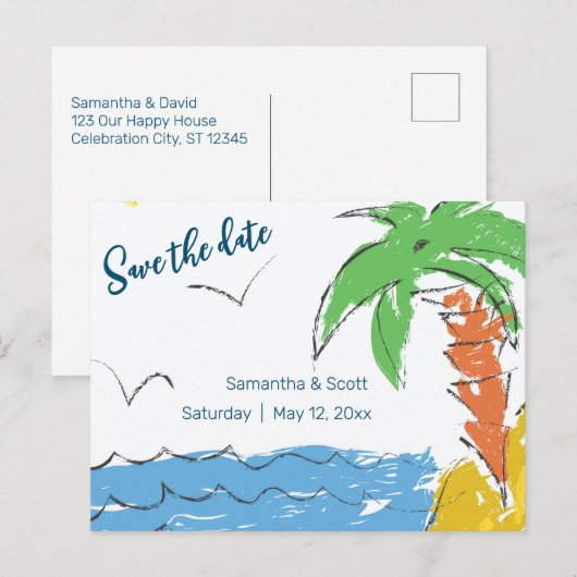 Aangepast strand voor schatten met palmboom aankondigingskaart (Voorkant / Achterkant)