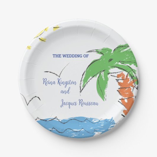 Aangepast strand voor schatten met palmboom papieren bordje (Voorkant)