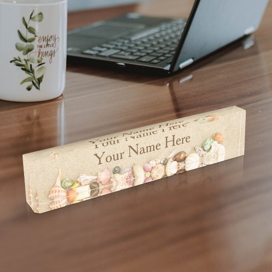 Aangepast strand zand met zeeschells Name Bord Naambordje