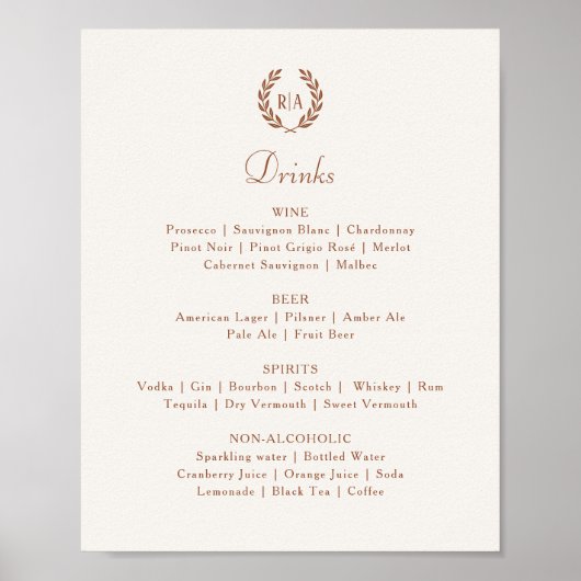 Aangepast teken Monogram Bruiloft Drinken Menu Her Poster (Voorkant)