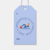 Aangepast tekstblauw op jaardag zwemmer cadeaulabel (Voorkant)