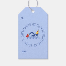 Aangepast tekstblauw op jaardag zwemmer cadeaulabel