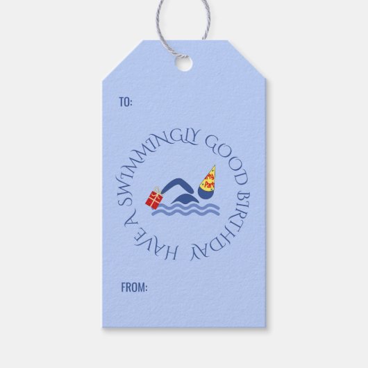 Aangepast tekstblauw op jaardag zwemmer cadeaulabel