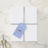 Aangepast tekstblauw op jaardag zwemmer cadeaulabel