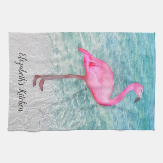 Aangepast Trendy Pink Flamingo Tropical Beach Theedoek (Horizontaal)