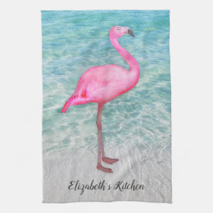 Aangepast Trendy Pink Flamingo Tropical Beach Theedoek