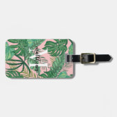 Aangepast tropisch palm laat roze monogram roze na bagagelabel (Voorkant horizontaal)