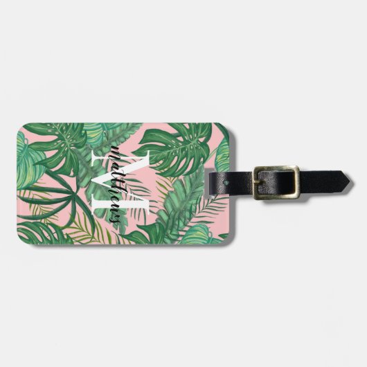 Aangepast tropisch palm laat roze monogram roze na bagagelabel (Voorkant horizontaal)