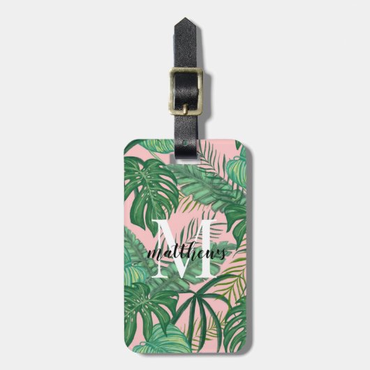 Aangepast tropisch palm laat roze monogram roze na bagagelabel (Voorkant verticaal)