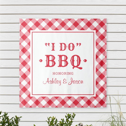 Aangepast trouwmonogram 'I Do BBQ' in rood geruit Wandkleed