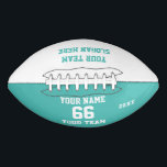 Aangepast turkooizen Football met Naam, Aantal, Te<br><div class="desc">Creëer uw eigen douane wit turquoise blauw Football met Naam, Aantal, de Naam van het Team, Slogan en Jaar. Pas deze eenvoudige klassieke sjabloon van het football met uw douanebericht, naam, teamnaam en jaar aan. Eenvoudig personaliseer het voor een coole sportkeepasis. Creëer je unieke persoonlijke cadeau voor coach, jongensverjaardag, football...</div>