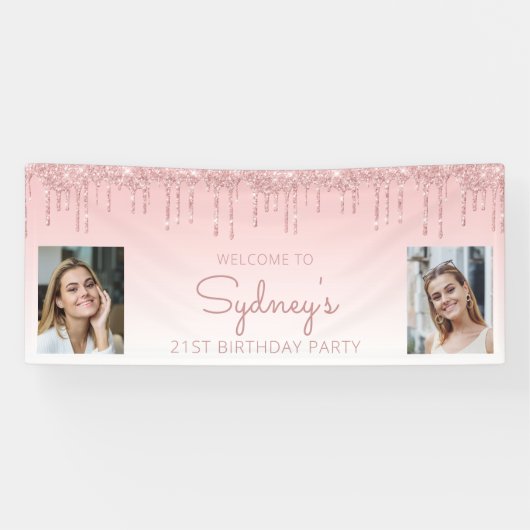 Aangepast twee foto roze glitter Drip 21st Birthda Spandoek (Horizontaal)