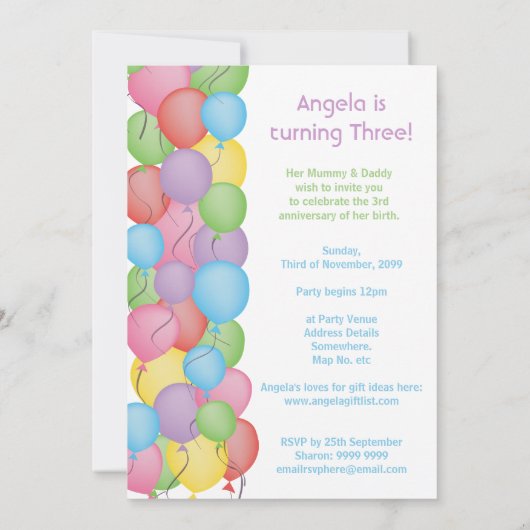Aangepast uitnodigen voor 3e verjaardag van ballon kaart (Achterkant)