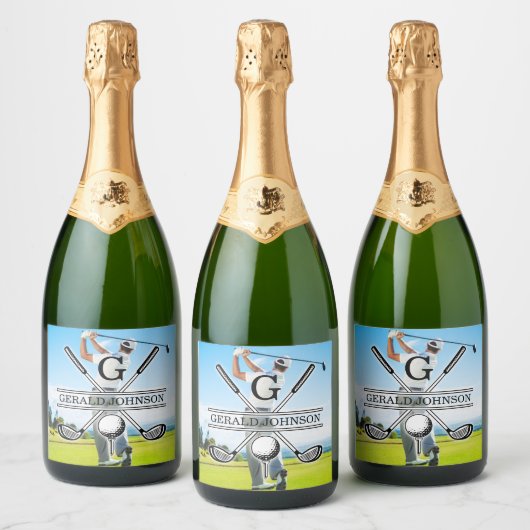 Aangepast Uw Afbeelding Golf Monogram Ontwerp Sparkling Wijnetiket (Flessen)