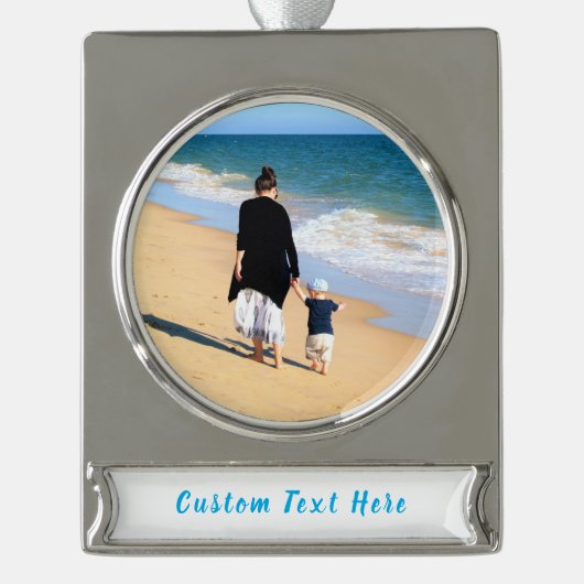 Aangepast uw foto Kerstmis ornament met tekst Verzilverd Banner Ornament (Voorkant)