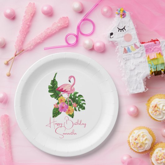Aangepast Verjaardagsfeestje Tropische Flamingo's Papieren Bordje (Feest)