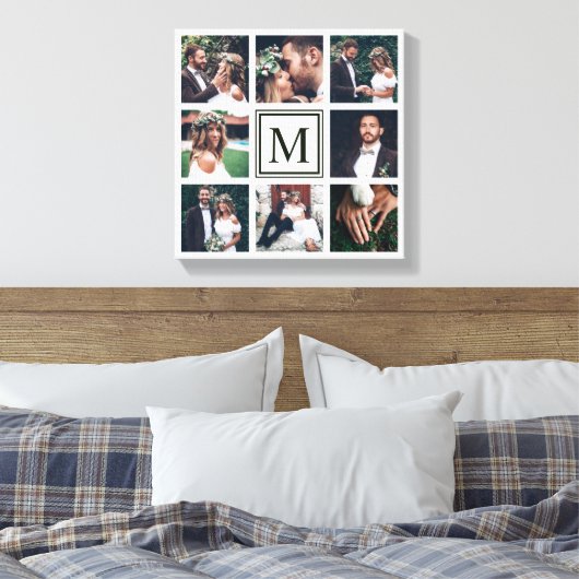 Aangepast vierkant collage 8 Weddenfoto Monogram Canvas Afdruk (Insitu (Slaapkamer))